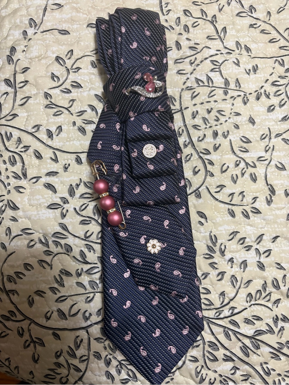 Women's Navy Tie with Pink Paisley Detail